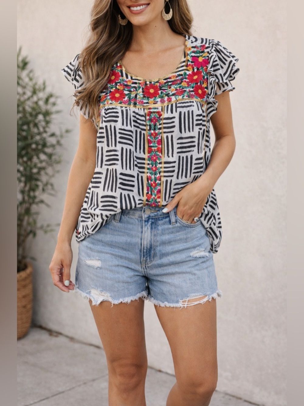 Savana Jane Embroidered Boho Top Large Floral Peasant Blouse EUC